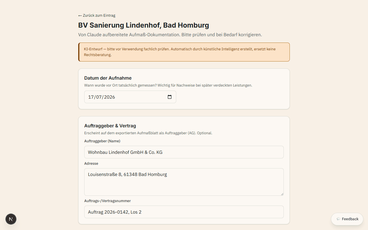 Aufmaß-Review-Ansicht von DarlonPro: strukturierte Beschreibung, Mengenangaben und Materialliste aus einer Sprachnotiz