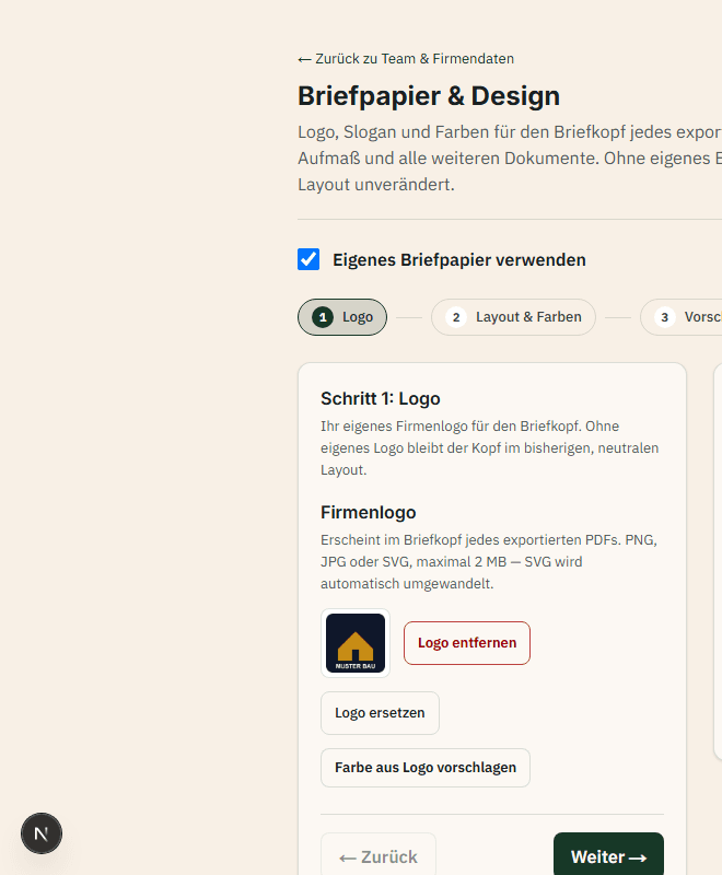 Live-Vorschau des eigenen Briefpapiers auf einem Beispiel-Dokument